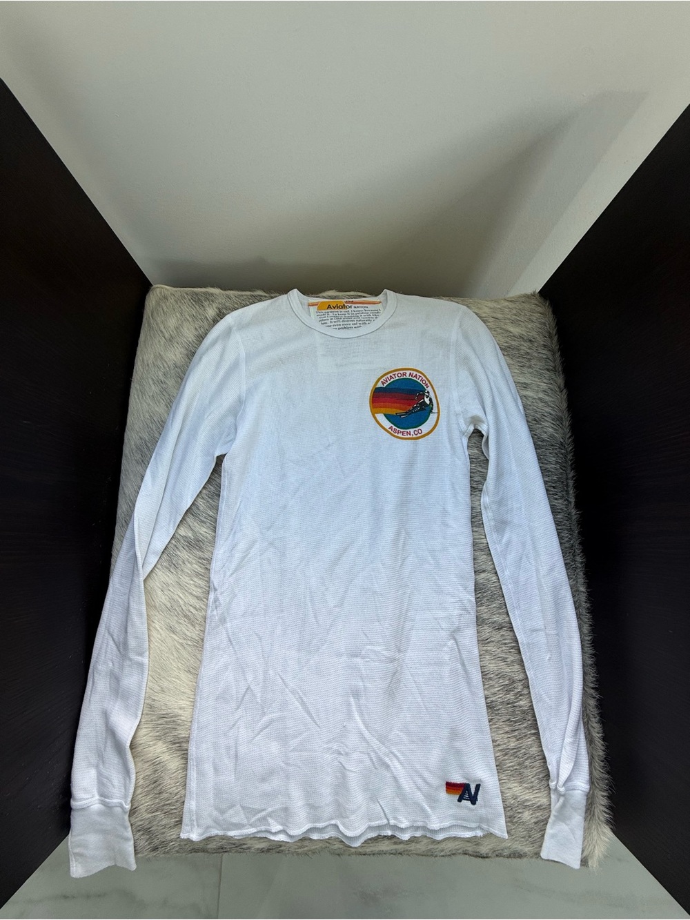 Aviator Nation White Long-Sleeve Thermal Tee with Retro Rainbow Patch